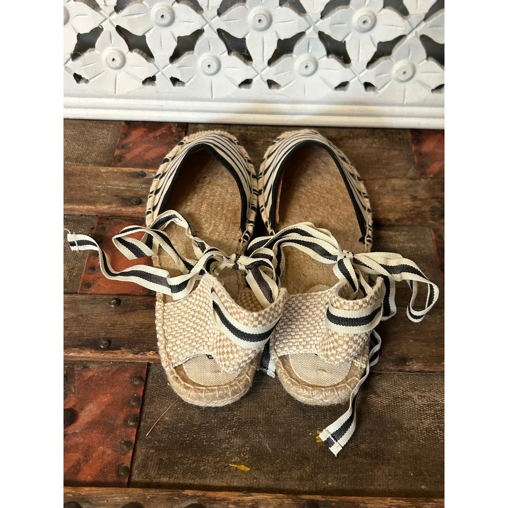 Soludos Womens Striped Lace Up Espadrille Flats Black White Ankle Tie Size 9.5